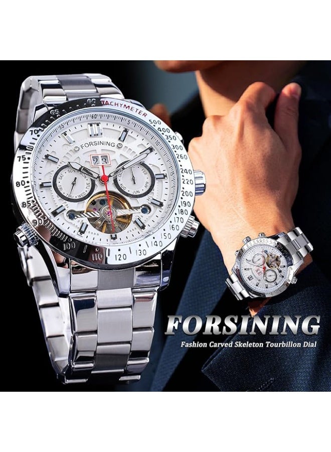 FORSINING Men Tourbillon Mechanical Self-Wind Watch, Day Date Month Full Calendar, Luminous Tachymeter Multifunctional Automatic Watches, Carved Big Dial Stainless Steel Band Wrist Watch - Image 3